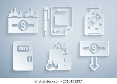 Set Fire in burning house, Glass money jar with coin, Prison cell door, Dollar rate decrease, Contract and pen and Burning dollar bill icon. Vector