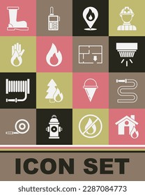 Set Fire in burning house, hose reel, Smoke alarm system, Location with fire flame, No, boots and Evacuation plan icon. Vector