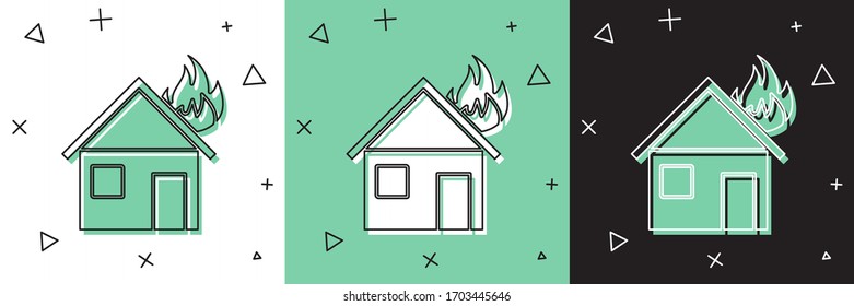 Feuer in brennendem Haus Symbol einzeln auf weißem und grünem, schwarzem Hintergrund. Vektorillustration-Illustration