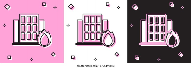 Set Fire in burning house icon isolated on pink and white, black background. Insurance concept. Security, safety, protection, protect concept. Vector.