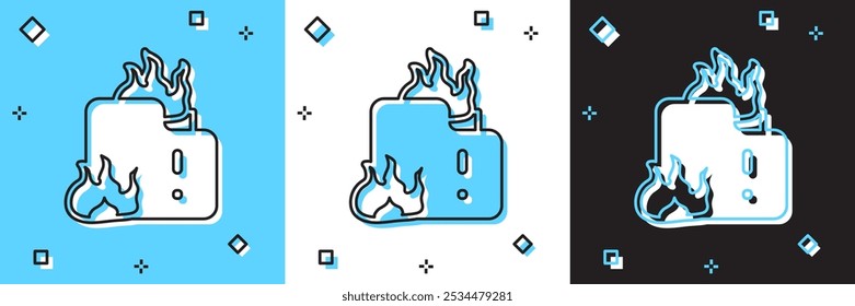 Fije el fuego en el icono ardiente de la casa aislado en el fondo azul y blanco, negro.  Vector