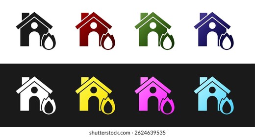 Set Fire in burning house icon isolated on black and white background. Insurance concept. Security, safety, protection, protect concept.  Vector