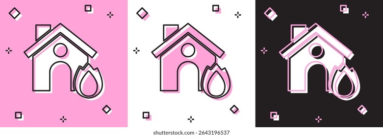 Set Fire in brennendem Haus Symbol einzeln auf rosa-weißem, schwarzem Hintergrund. Versicherungskonzept. Sicherheit, Sicherheit, Schutz, Schutzkonzept.  Vektorgrafik
