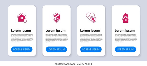 Prende fuego en casa en llamas, Seguro de vida con escudo, Seguridad de entrega e inundación de la casa. Plantilla de infografía de negocios. Vector