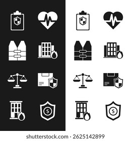 Set Fire in burning house, Life jacket, Document with shield, Health insurance, Scales of justice, Delivery security, Shield dollar and  icon. Vector