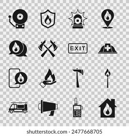 Set Fire in burning house, Burning match with fire, Firefighter helmet, Flasher siren, axe, Telephone call 911, Ringing alarm bell and exit icon. Vector