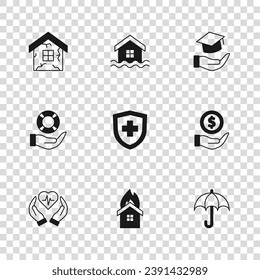 Set Fire in burning house, Money with shield, Umbrella, Life insurance, Education grant, House, flood and Lifebuoy hand icon. Vector