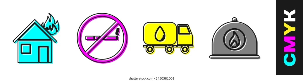 Set Fire in burning house, No Smoking, Water delivery truck and Firefighter helmet icon. Vector