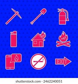 Set Fire in burning house, No Smoking, exit, Campfire, Phone with emergency call 911, Lighter, extinguisher and Pickaxe icon. Vector