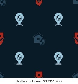 Set Fire in burning house, House with shield and Location on seamless pattern. Vector