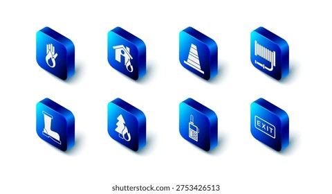 Set Fire in burning house, Traffic cone, hose reel, exit, Walkie talkie, Burning forest tree, boots and No fire icon. Vector