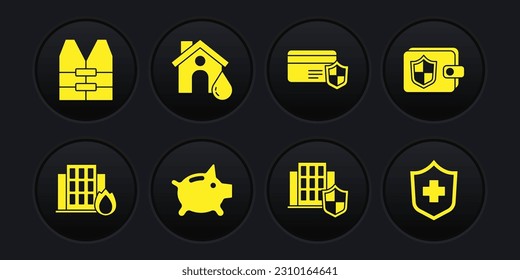 Set Fire in burning house, Wallet with shield, Piggy bank, House, Credit card, flood, Health insurance and Life jacket icon. Vector