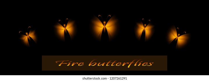 Set of fire butterflies on a dark background. Beautiful luminous insects. Close-up. Vector. Eps10.
