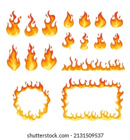Set of Fire, Campfire, Flame Round and Rectangular Borders. Isolated Torch Flame, Burning Bonfire Blaze. Glowing Shining Flare With Waving Tongues. Ignition Design Elements. Cartoon Vector Icons