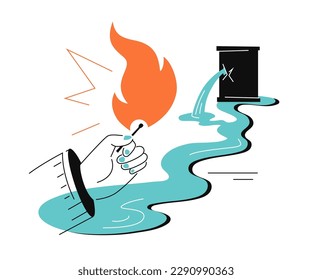 Set fire to a canister - colorful flat design style illustration with linear elements. Orange and light blue colored picture with gasoline spilled on the floor and a burning match. Danger and risk