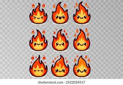 Set of fire cartoon character vector illustration on transparent png background.