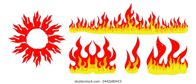Set of fire cartoon illustrations, fire crowns, frames, elements, grunge fire. Vector illustration for collages, posters, banners.