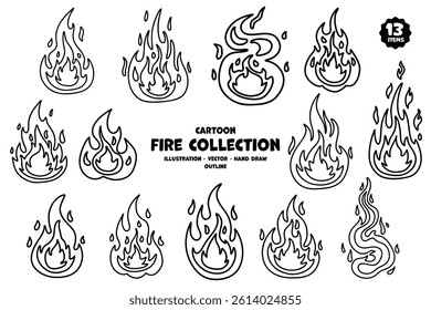  Set of fire cartoon vector illustration, Burning, flame, outline fire
