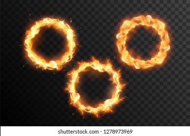 Set of fire circle. Ring of fire flame. Round fiery frame.