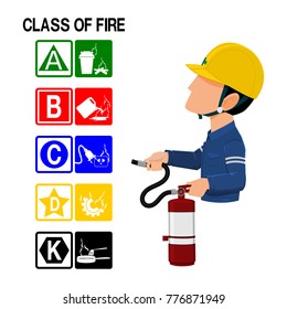 Set of Fire class icon and the industrial worker on transparent background
