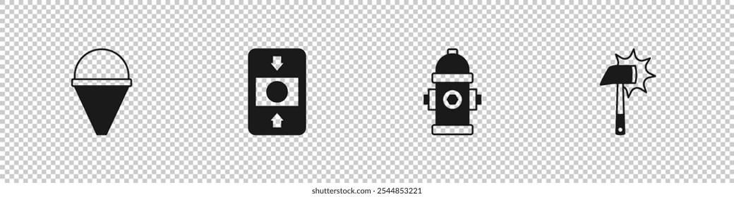 Set Fire cone bucket, alarm system, hydrant and Firefighter axe icon. Vector