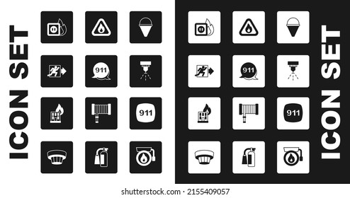 Set Fire cone bucket, Emergency call 911, exit, Electric wiring of socket in fire, sprinkler system, flame triangle,  and burning building icon. Vector