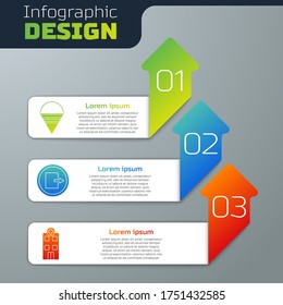 Set Fire Cone Bucket, Fire Exit And Medical Hospital Building. Business Infographic Template. Vector