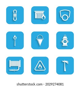 Set Fire cone bucket, flame in triangle, Firefighter axe, hydrant, hose reel, Burning match with fire, Gas mask and Climber rope icon. Vector