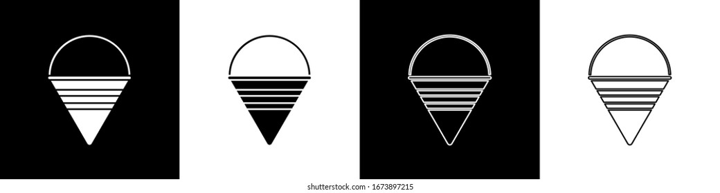 Set Fire cone bucket icon isolated on black and white background. Metal cone bucket empty or with water for fire fighting.  Vector Illustration