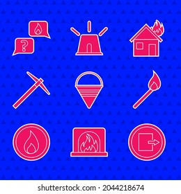 Set Fire cone bucket, Interior fireplace, exit, Burning match with, flame, Pickaxe, burning house and Phone emergency call 911 icon. Vector