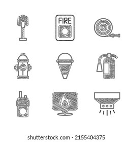 Set Fire cone bucket, Location with fire flame, sprinkler system, extinguisher, Walkie talkie, hydrant, hose reel and shovel icon. Vector