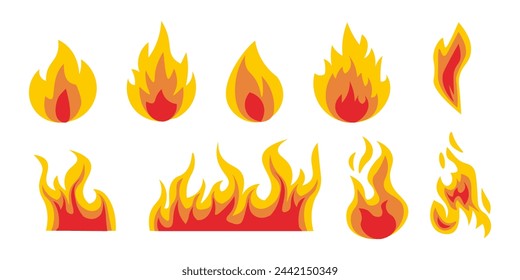 A set of fire elements against a black background, showcasing yellow, red, and orange colors in different intensities depicting various strengths of flames