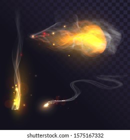 Set of fire elements, fireball, flame with sparks and smoke