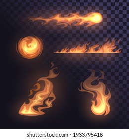 Set of fire elements: fireballs and flames