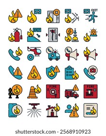 set of fire emergency element filled outline icon vector illustration