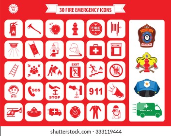 Set of fire emergency icons (fire exit, emergency exit, fire assembly point, ladder, axe, fire extinguisher, hose reel, alarm, eye wash, fire exit, 911, hydrant, first aid, ambulance, badge)