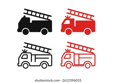 A set of fire emergency icons featuring a firetruck with a ladder silhouette and line icon in black and red hues