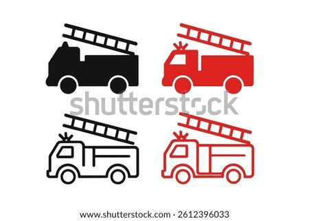 A set of fire emergency icons featuring a firetruck with a ladder silhouette and line icon in black and red hues