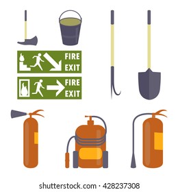 Set of fire equipment. Fire extinguishers, shovel, hook, bucket, an ax and Fire safety signs. Elements for fire-fighting baners, flayers, infographic. Vector eps10 illustration