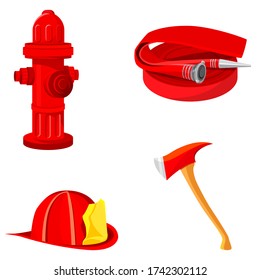 Set of fire equipment. Hydrant, hose, helmet and axe in cartoon style.