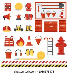Set of fire equipment. Vector fire man tools . Flat cartoon fire equipment objects isolated on white background. Fire safety objects.