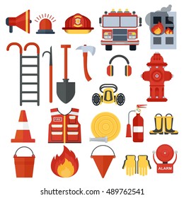 Set of fire equipment. Vector fire man tools . Flat cartoon fire equipment objects isolated on white background. Fire safety objects.