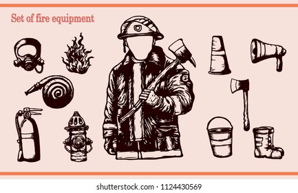 Set of fire equipment vector.Fireman and fire extinguisher on vintage background.