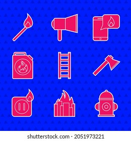 Set Fire escape, in burning buildings, hydrant, Firefighter axe, Electric wiring of socket fire, Canister for flammable liquids, Phone with emergency call 911 and Burning match icon. Vector