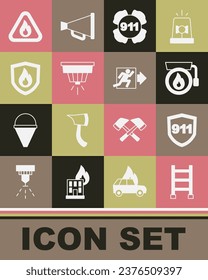 Set Fire escape, Emergency call 911, Ringing alarm bell, Smoke system, protection shield, flame triangle and exit icon. Vector