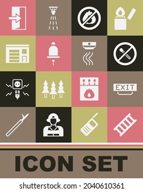 Set Fire escape, exit, No fire match, Ringing alarm bell, Building of station,  and Smoke system icon. Vector