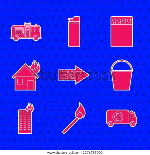 Set Fire exit, Burning match with fire,\
Ambulance and emergency car, bucket, burning building, house, Open\
matchbox matches and truck icon.\
Vector