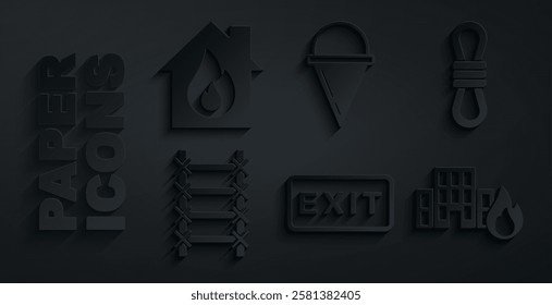 Set Fire exit, Climber rope, escape, in burning buildings, cone bucket and house icon. Vector