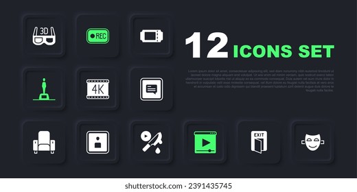 Set Fire exit, Comedy theatrical mask, 4k movie, Online play video, Movie trophy, Play Video, Record button and Thriller icon. Vector