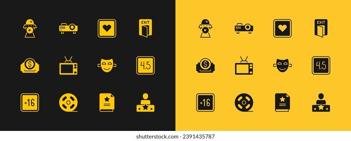 Set Fire exit, Film reel, Comedy theatrical mask, Scenario, Retro tv, Like heart, Science fiction and Movie, film, media projector icon. Vector